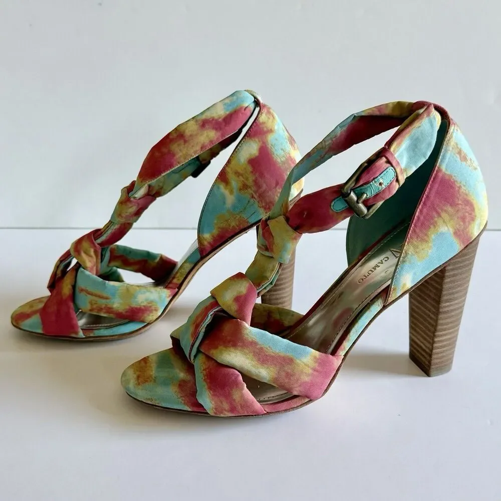 Vince Camuto Tie Dye Fabric Buckle Sandals High Block Heels Women's Size 9.5B